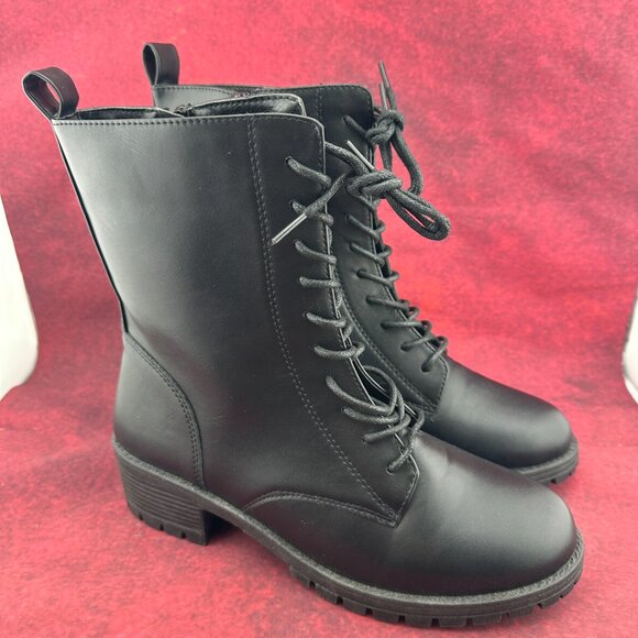 SHELN COMBAT BOOTS LUG SOLE BLACK, MID-CALF, LACE-UP, ZIPPER, BLOCK HEEL, SIZE 9 - Picture 5 of 11